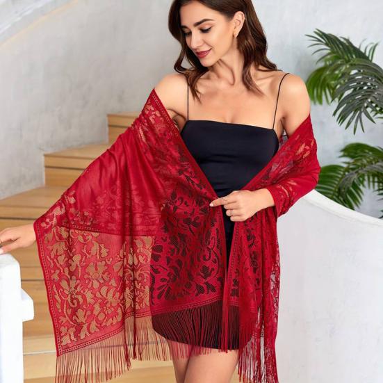 Women Shawl Hollow Embroidery Lace Flower Pattern Summer Shawl with Tassel Hem UV Protection Neck Shoulder