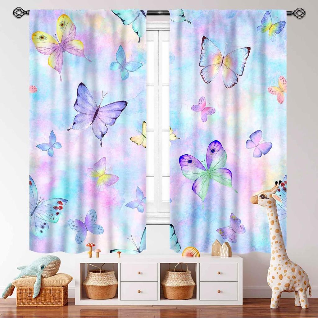 Butterfly Curtains Girls Room Rainbow Pink Purple Galaxy Star Princess Kids Drapes Treatments Living Rooms Curtain Polyester Perfect For