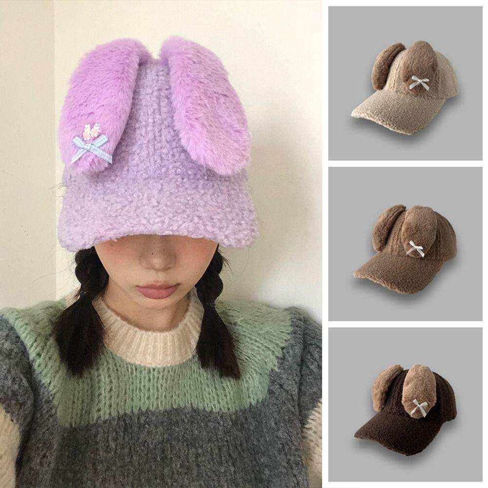 Lamb Fleece Y2k Rabbit Ear Hat Korean Peaked Cap Lovely Women's Baseball Hat  Female