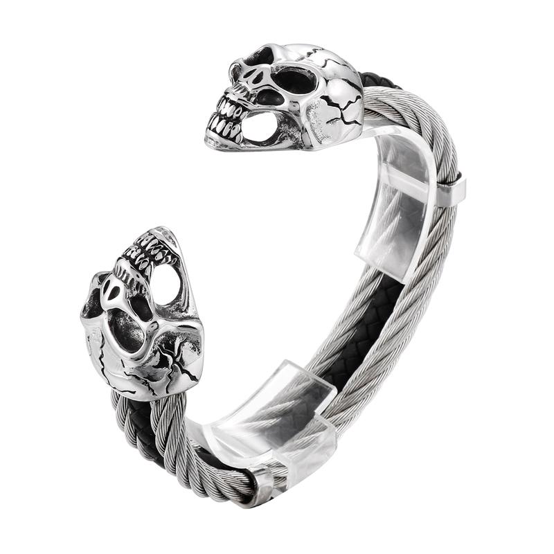 KALEN Punk Silver/Gold/Black/Grey Stainless Steel&Double Skin Skull Cuff Bangle Bracelet Punk