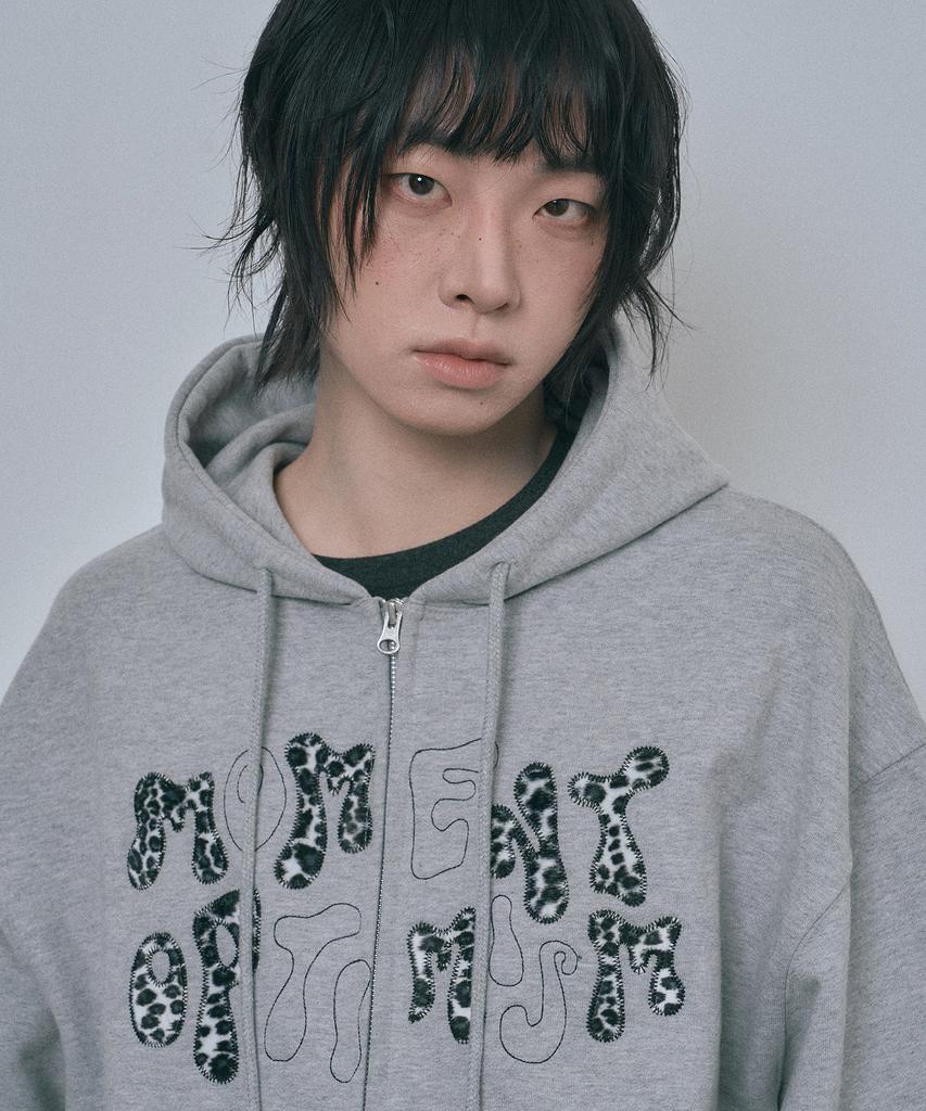 Moo Leopard Applique Zip-Up Hoodie - Gray