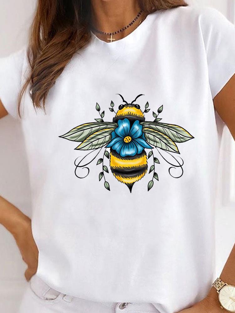 Women Clothes Bee Love Style Letter Clothing Print T Shirt Short Sleeve Summer Top Tee Basic Fashion Graphic T-shirt