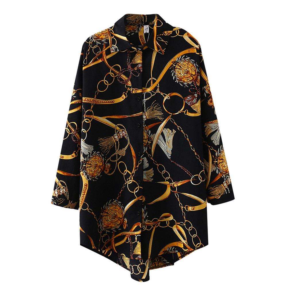 Fashion Women Loose Long Sleeve Printed Turn-down Button Ladies Top Shirts