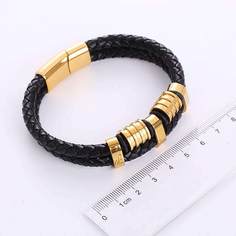 Stainless Steel Leather Braided Bracelet Men Minimalist Geometric Rhombus Design Gold Black