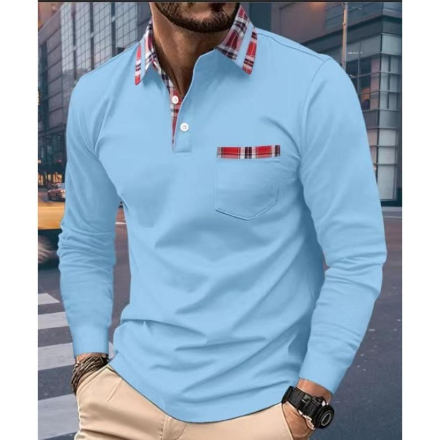Long Sleeve Lapel Polos Shirts Check Patchwork Tops Men's Casual Spring Autumn Sports Polo Shirt