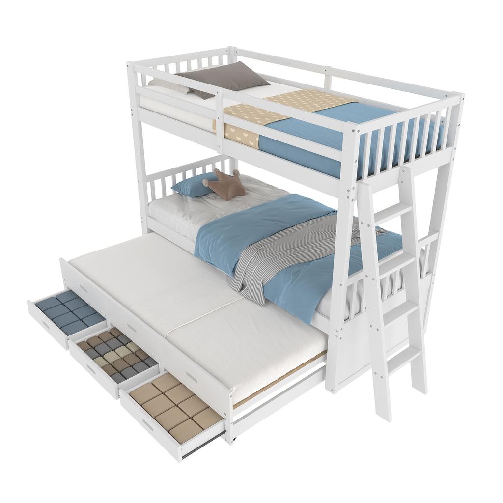 =(WX000121AAK)Etagenbett 90x200cm, Hausbett, Rahmen aus Kiefernholz und MDF mit Leiter und Ausziehbett und 3 Schubladen, Ohne Matratze, Weiß