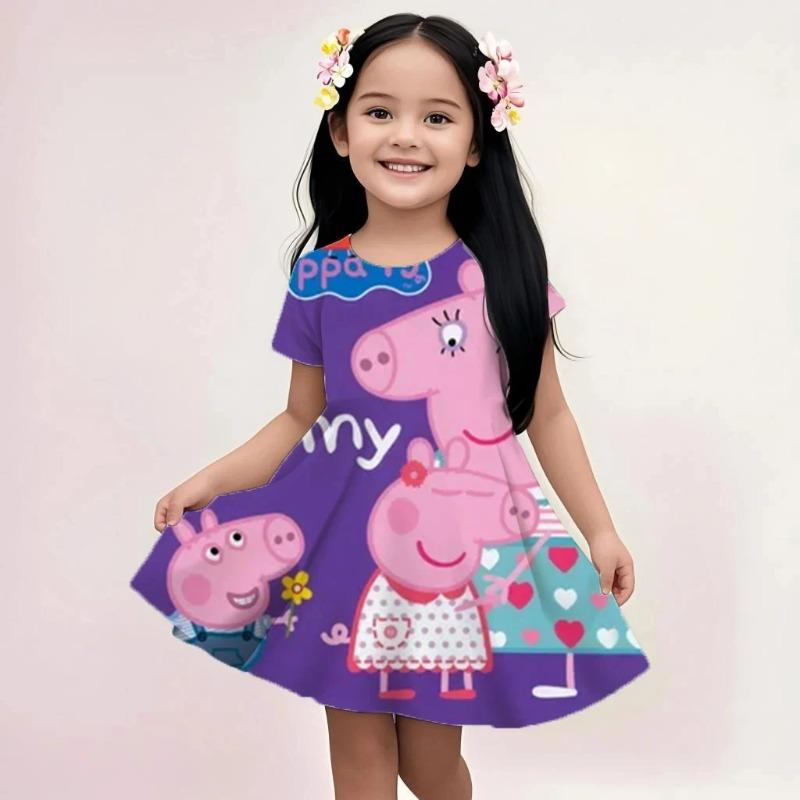 Cute Peppa Pig Sundress Girls Summer Sleeveless Beach Dress Cartoon Print Lightweight