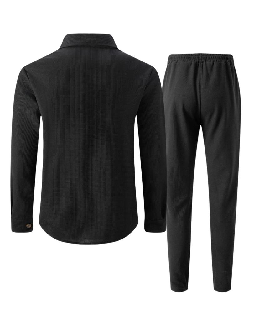 Men's Double-Pocket Waffle Two-Piece Set: Long-Sleeved Shirt and Pants for Autumn
