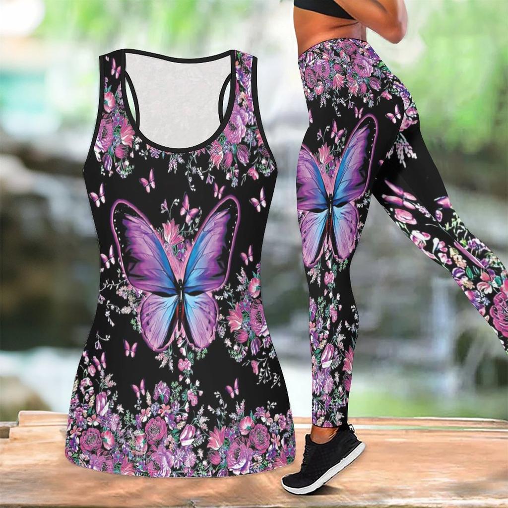 Schmetterlings-Print Yoga-Outfit für Damen Mode Trainings-Leggings Fitness Sport Lässiges Yoga-Set Sportanzug