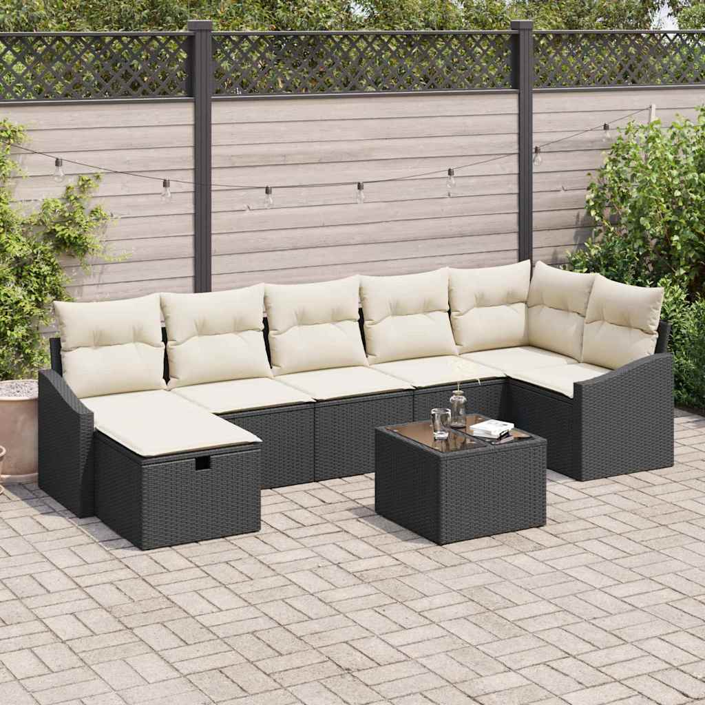 8 Piece Sofa Set with Cushions and Storage Black Poly Rattan