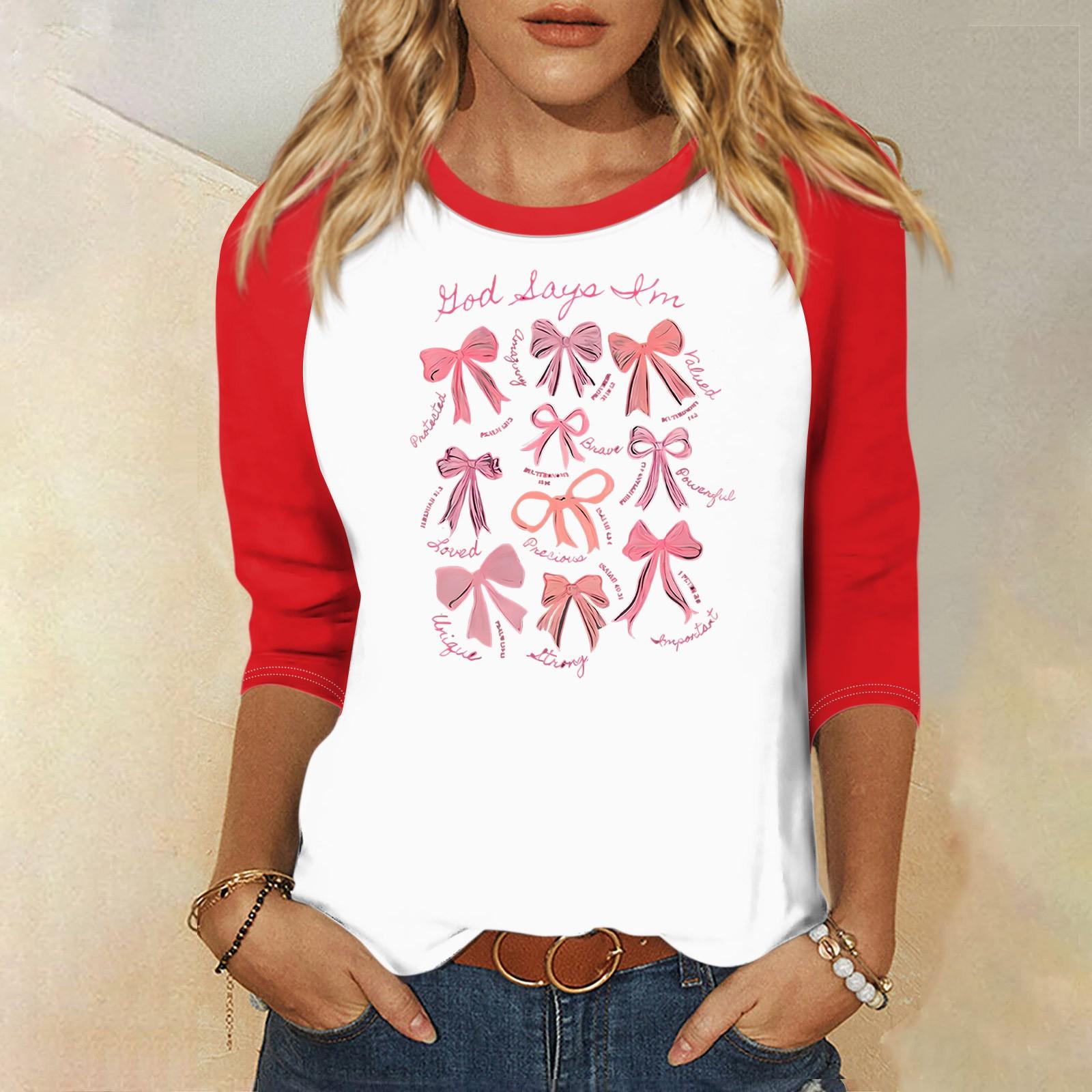 

Рубашка для женщин, модная, повседневная, рукав реглан, круглый вырез, рукав 3/4, свободная, с принтом, футболка, топ L красный