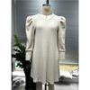 Autumn and winter polished pit strips solid color round neck bubble sleeves medium and long dresses women's clothing
