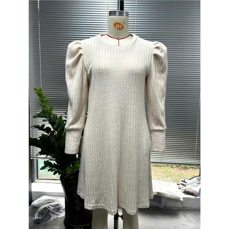 Autumn and winter polished pit strips solid color round neck bubble sleeves medium and long dresses women's clothing