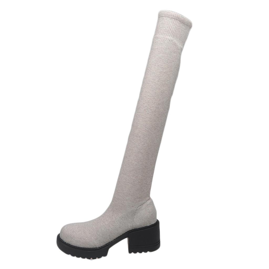 Winter Round Head Fly-Woven Thin Knee Boots Large Size Thick-Soled Medium Heel Elastic Thin Boots Women