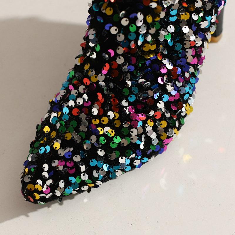 Colourful Sequin Boots Women's Bling Bling Cowboy Western Ankle Boots 8cm Heels Shoes