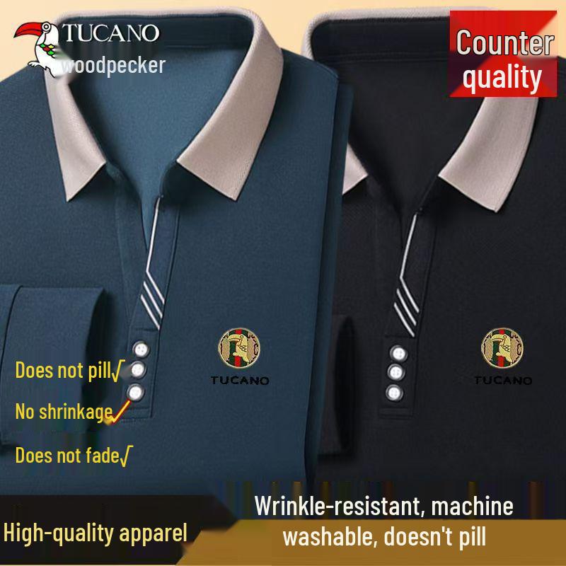 Woodpecker Men's Long-Sleeve Solid Color Polo Shirt with V-Turn Collar for Spring and Autumn.
