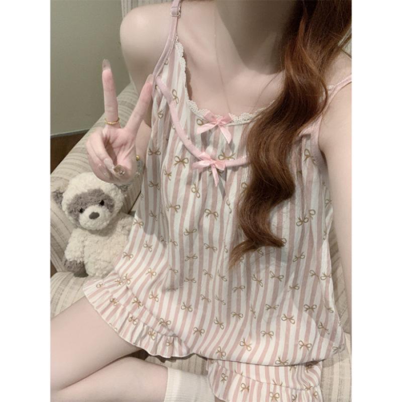 Korean Style Petite Women's Pajama Set with Chest Pads and Sweet Bow Summer Camisole, Suitable for Outdoor Wear