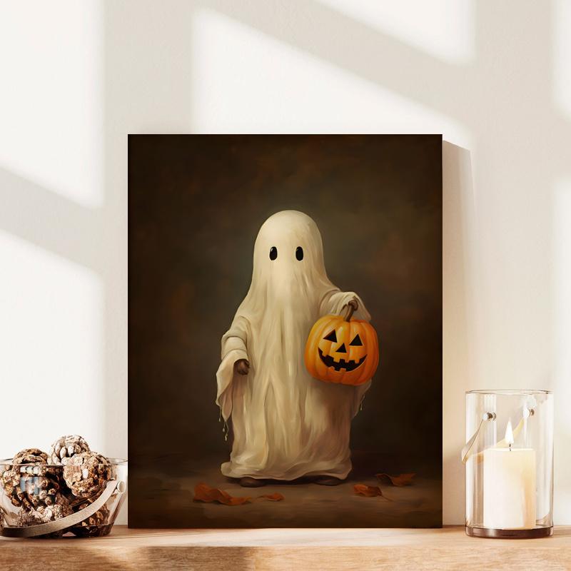 

with Wooden Frame - Halloween Modern Art Canvas Poster - Cute Ghost Face Ghost Pumpkin Poster New Year Easter Gift 20*30cm(with frame)