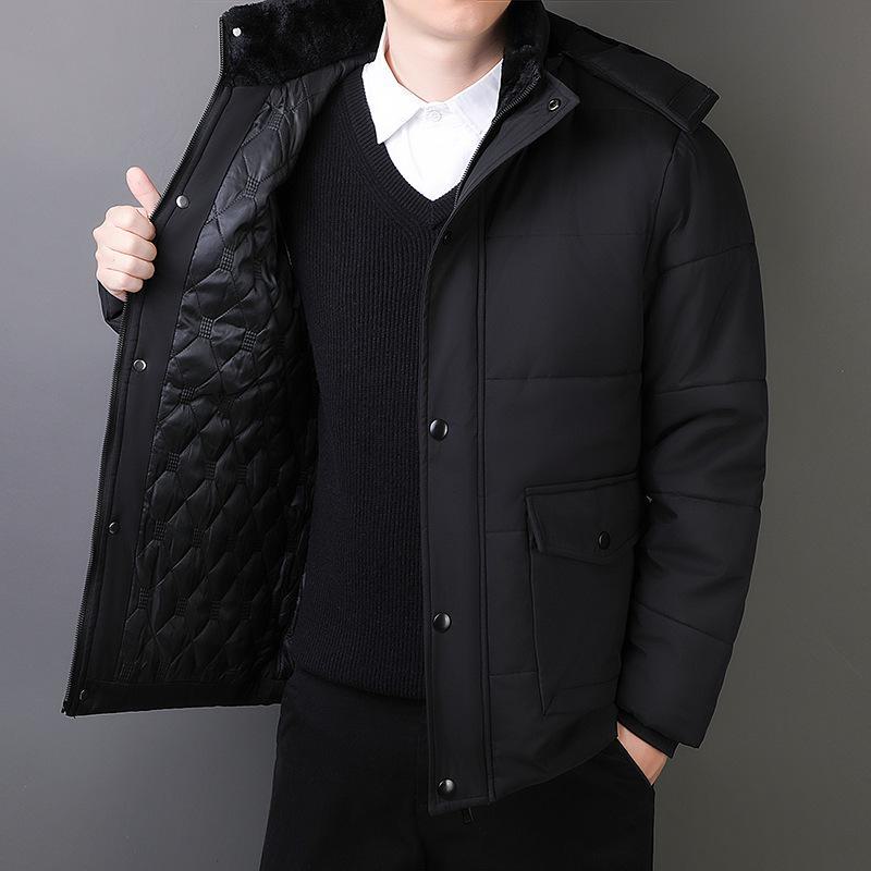 Męska kurtka zimowa średniej długości z kapturem i pluszową podszewką dla taty