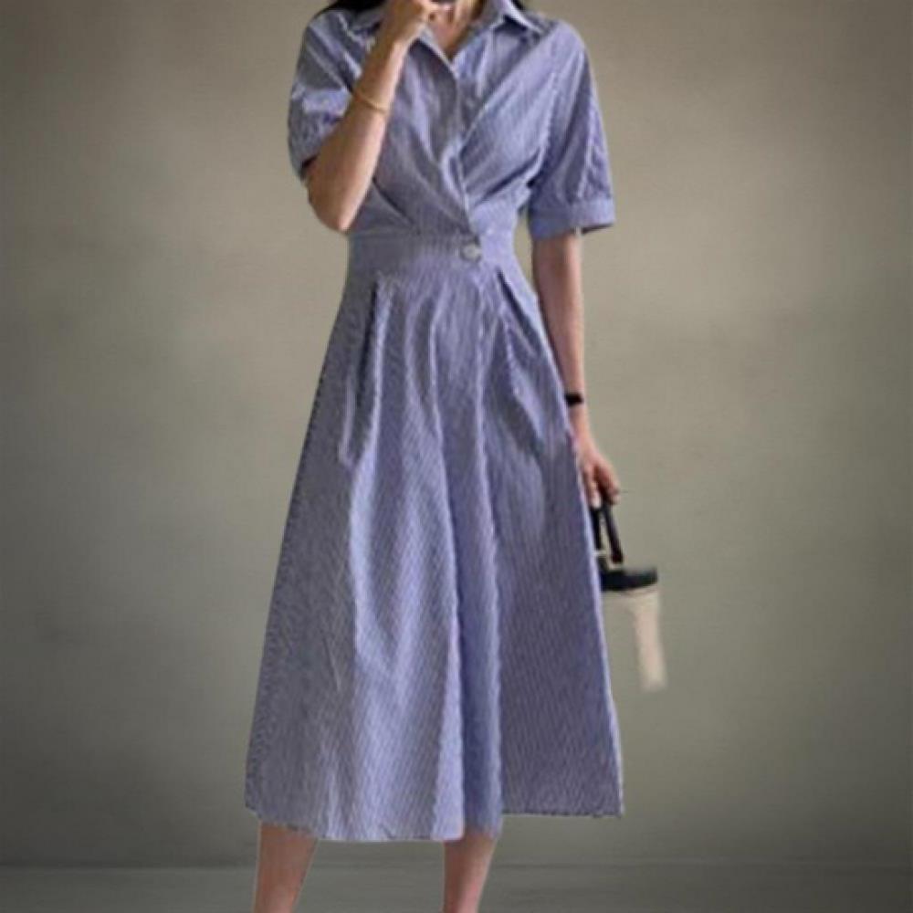 New Arrivals Open Run Women Waist Button Collar Neck Short Sleeve LonG Flare G
