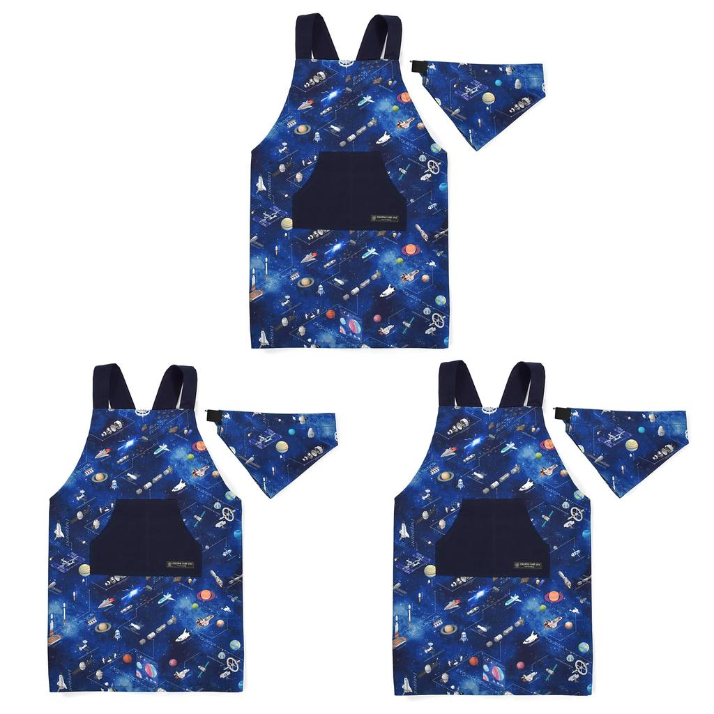 COLORFUL CANDY STYLE Back Cross Kids Apron Future Planetary Exploration and Spaceship Set Boys Cool Kids Children Apron Triangle Scarf Set Kids Apron