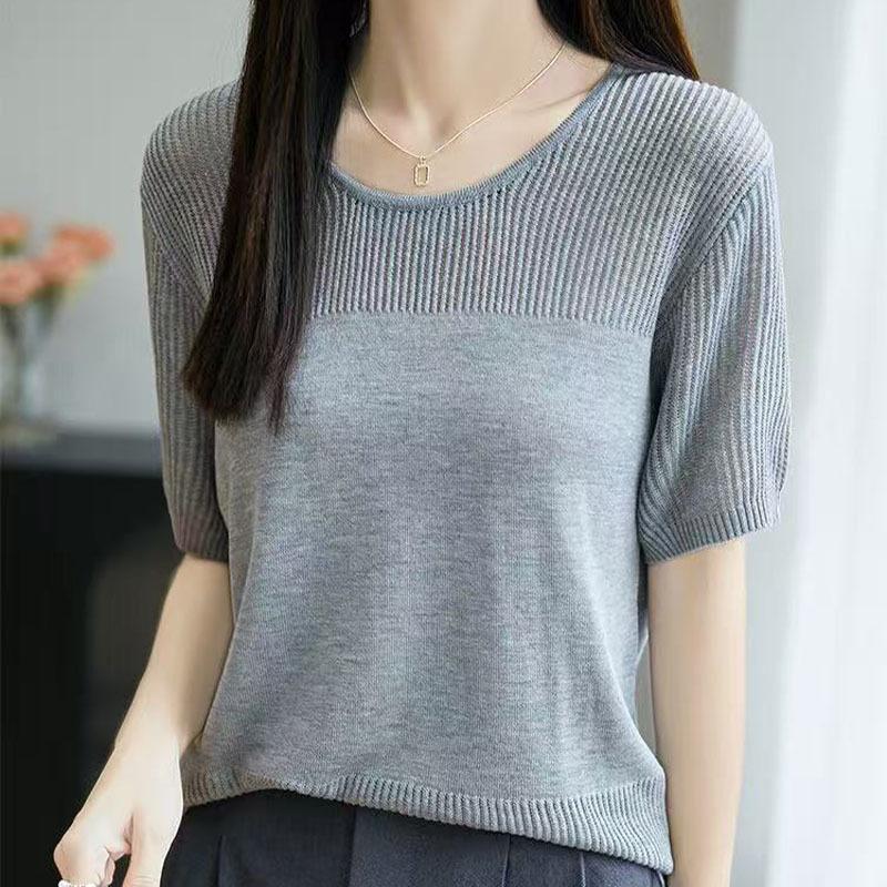 Fashionable and Versatile Baggy Short-sleeved T-shirt for Women's Summer New Round Neck Ice Silk Sweater Informal Top