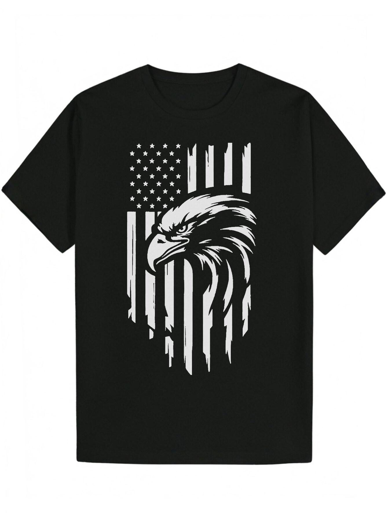 Patriotic Eagle & American Flag Graphic T-shirt - Black Casual Summer Tee with White Print S