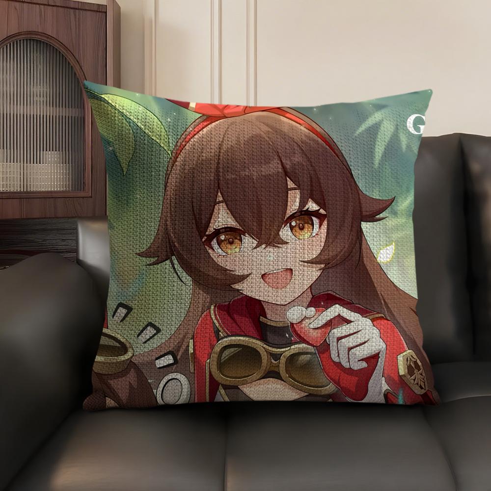 Amber Cute Genshin Impact Cushion Cover Natural Linen Organic Fabric DoubleSided Printing Sofa Home Decor Gift Pillow Case