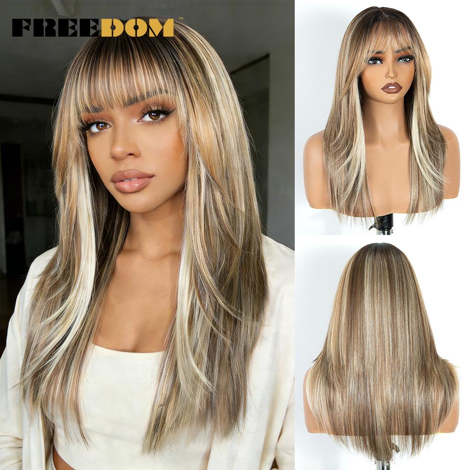 

FREEDOM Synthetic Lace Front Wig With Bangs 20 Inch Straight Layered Pre-cut Ombre Brown Blonde Lace Wigs Pink Cosplay Wig (as the picture,20inches)