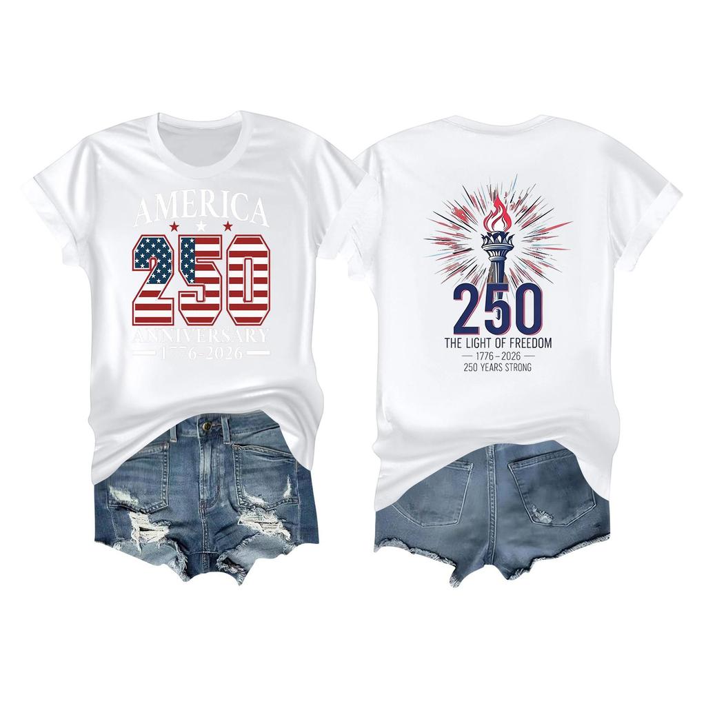 Women's Casual Independence Day 250 Anniversary Printed T-shirt Round Neck Pullover Short Sleeve Top