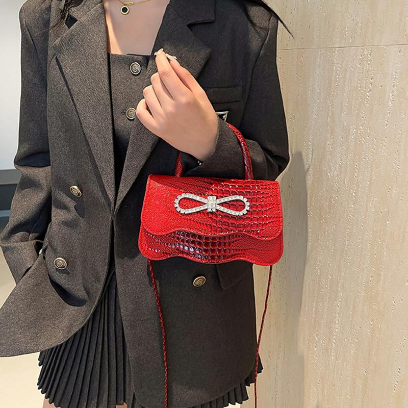 PU Leather Alligator Pattern Small Square Handbag Bow Design Women's Solid Color Fashion Shoulder Crossbody Bag AVE