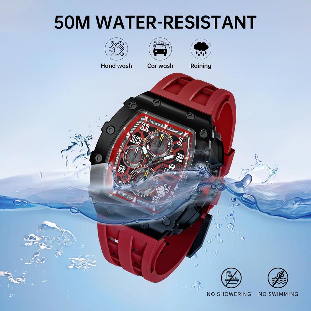 TSAR BOMBA 5 ATM Water Tonneau Stainless Barrel Men's Wristwatch, Resistant, Shape, Steel, Business, Sports, Luxury, Fashion, Casual, Shape, Black/Red