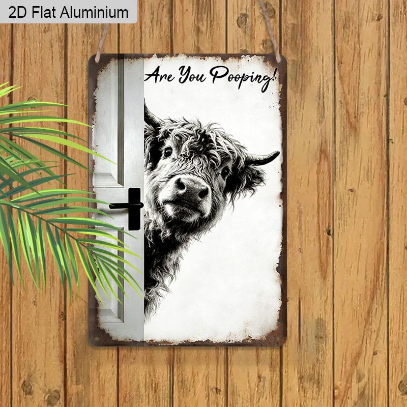 2D Flat, 1pc Vintage Humorous Aluminium Wall Art Sign "Are You Pooping!"- 8"x12" Aluminium Rustic Bathroom Decor, Funny Highland Cow Wall Art, Gag
