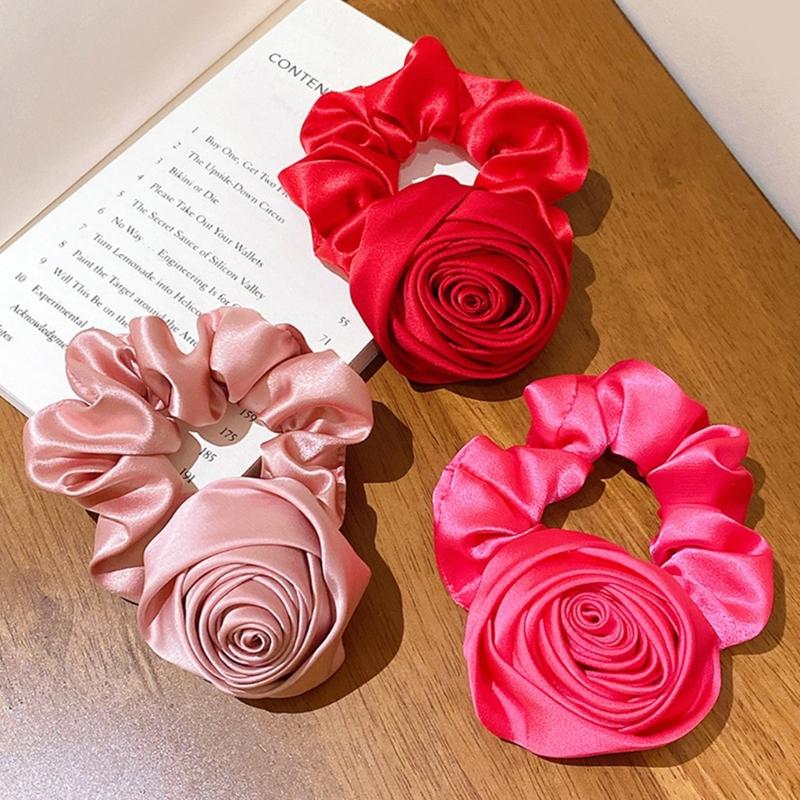 Korean Women Rose Elastic Hair Bands Hair Scrunchies Big Flower Satin Hair Rope Charm Horsetail Gentle Hair Accessories