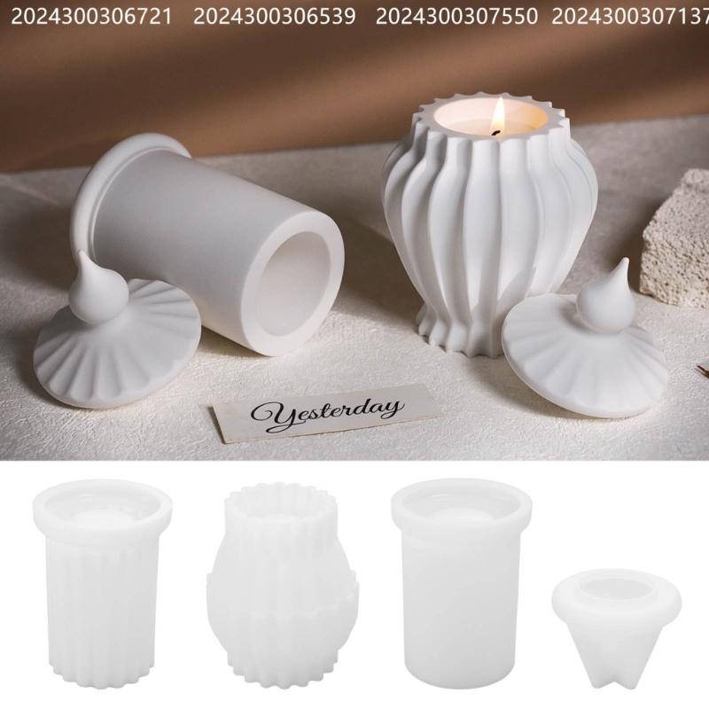 Striped Cylinder Resins Jar Molds Candlestick Molds for Making Candlestick Tealight Holder Storage Jar, Resins Lid Molds