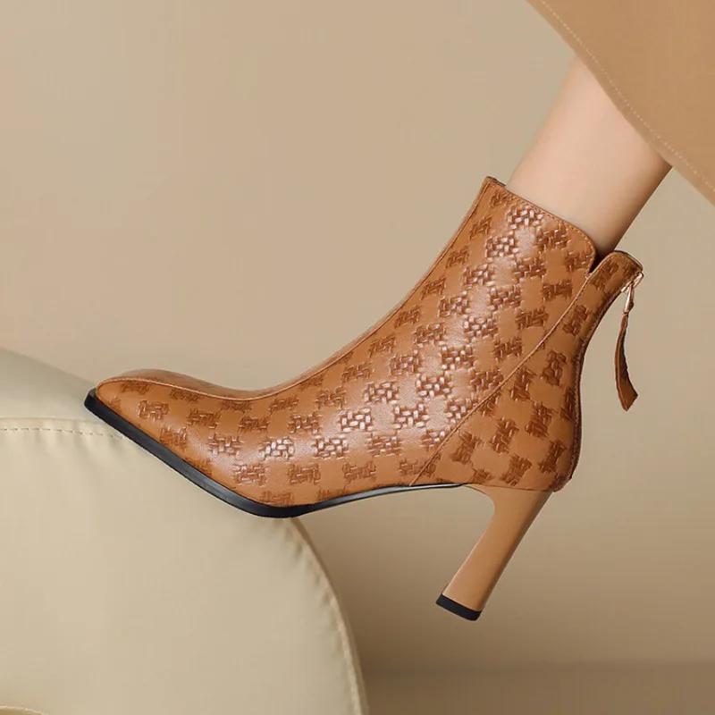 Fashion Genuine Leather Zipper 7.5cm High Heels Women's Short Boots Winter Black Beige Cowhide/sheepskin Short Plush Warm Women Boots 43