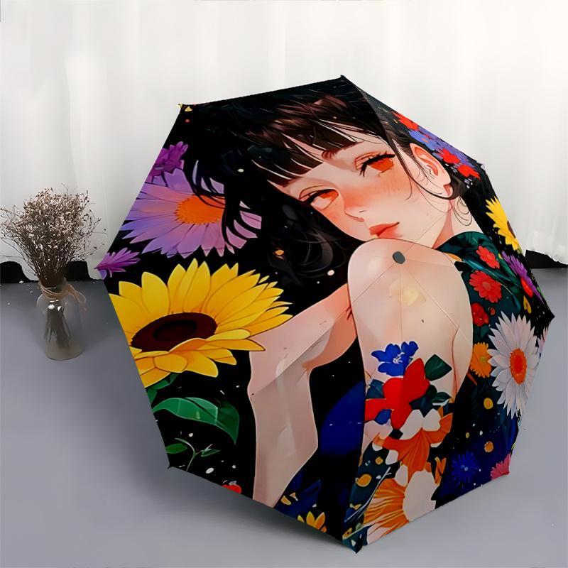 1 Stück Blumenmuster-Regenschirm mit Automatik-Öffnungs-/Schließmechanismus, Faltbares Design, Eisenrahmen, Für den Außenbereich, Festivalgeschenk, Geeignet für Fans, Reisen, D