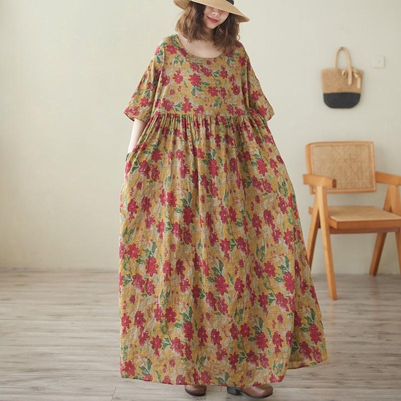 Krátký rukáv Plus size Bavlněné vintage květinové nové šaty pro ženy ležérní volné dlouhé letní šaty