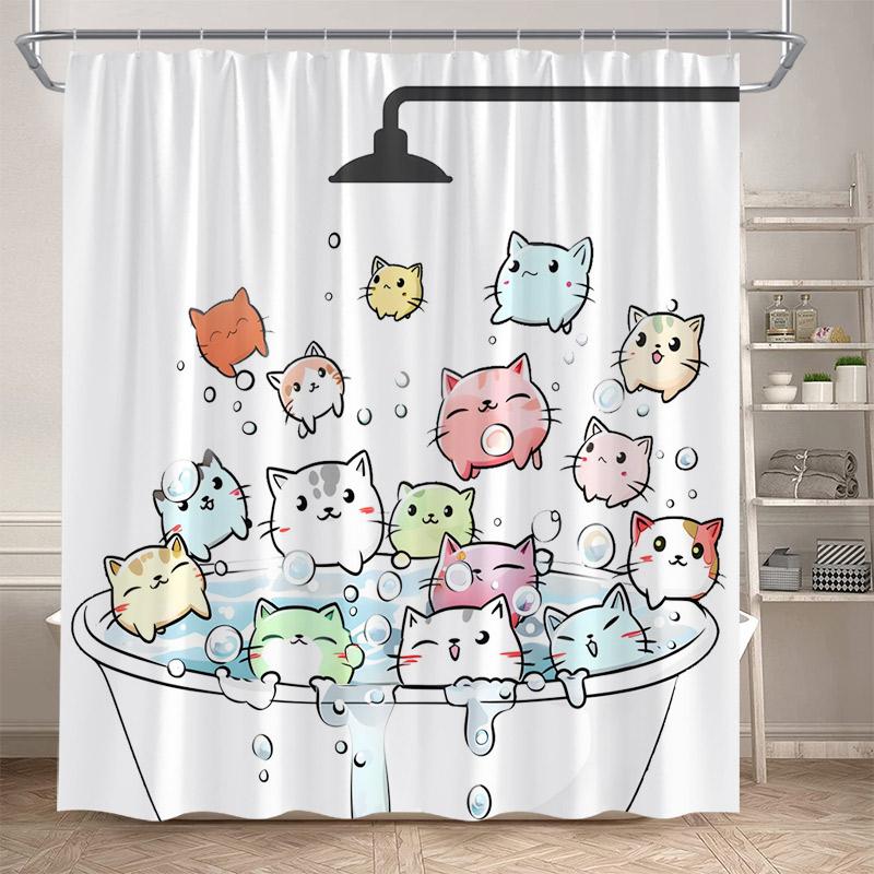 Funny Cartoon Bathing Cats Shower Curtains Cute Animals Pet Cat Kids Bath Curtain Polyester Children Bathroom Decor With Hooks