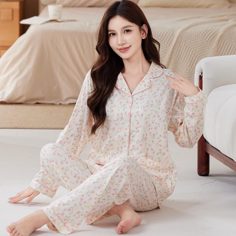 Plus Size Floral Pajama Set: Spring & Autumn, Long Sleeve, Comfortable Japanese Style for Middle-Aged Moms, Indoor/Outdoor Wear