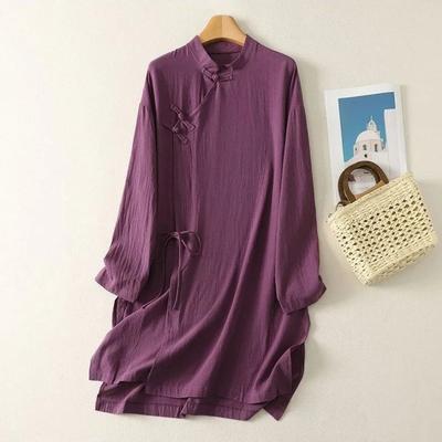 Tunique Casual Ample à Manches Longues pour Femme, Mélange de Lin Blanc, Col Mandarin, Boutons Grenouille