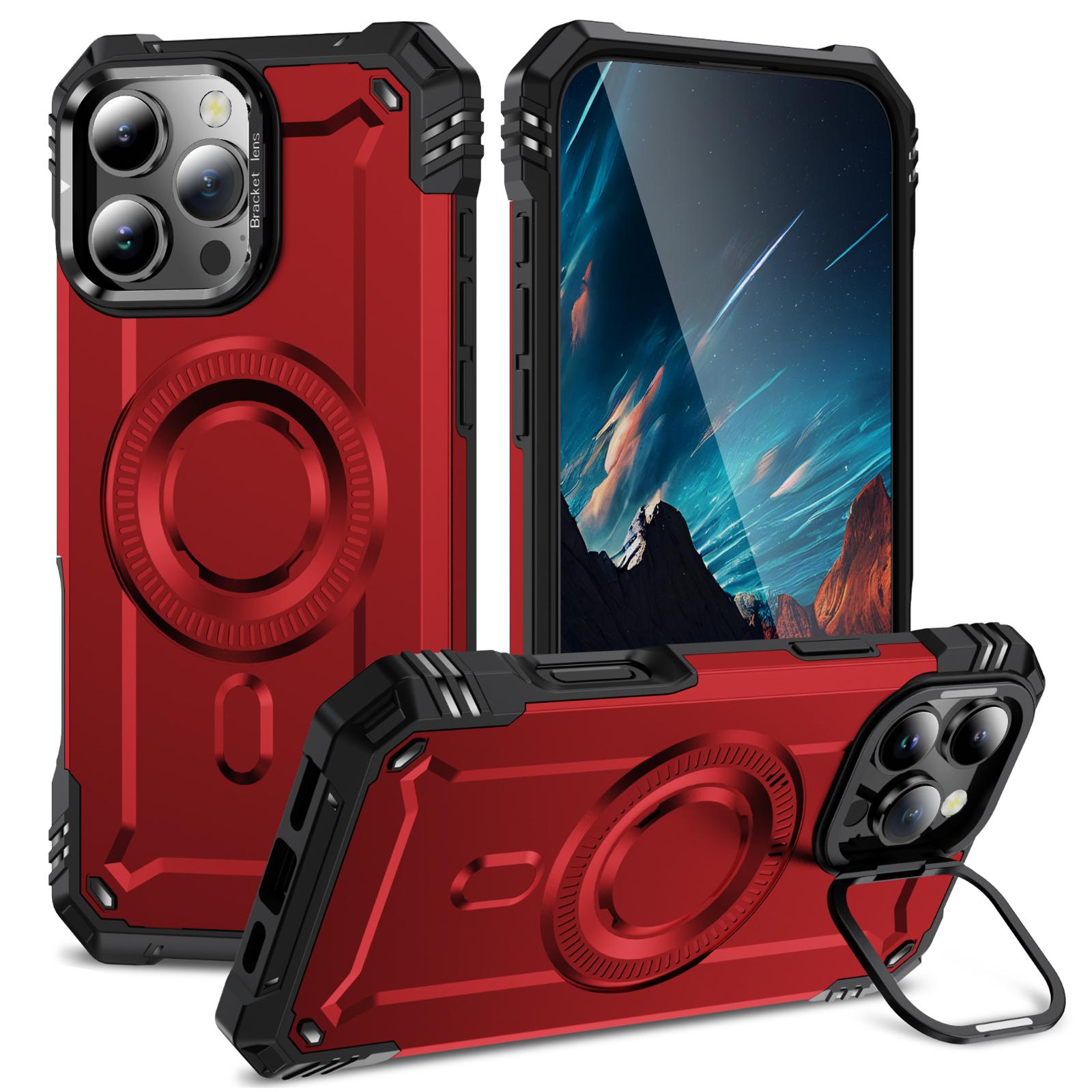 

For iPhone 16 Pro Max Magnetic Case Lens Kickstand PC + TPU Shockproof Phone Cover B