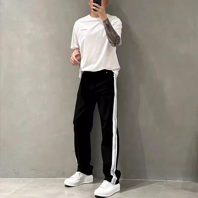 Men's Summer Wide-Leg Striped Stitching Casual White Jeans