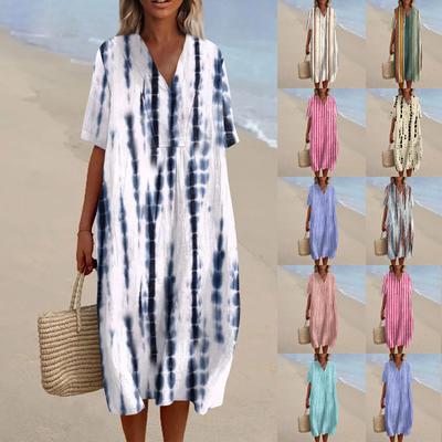Vestido Feminino Solto Casual Moda Decote V Estampado Saia de Praia