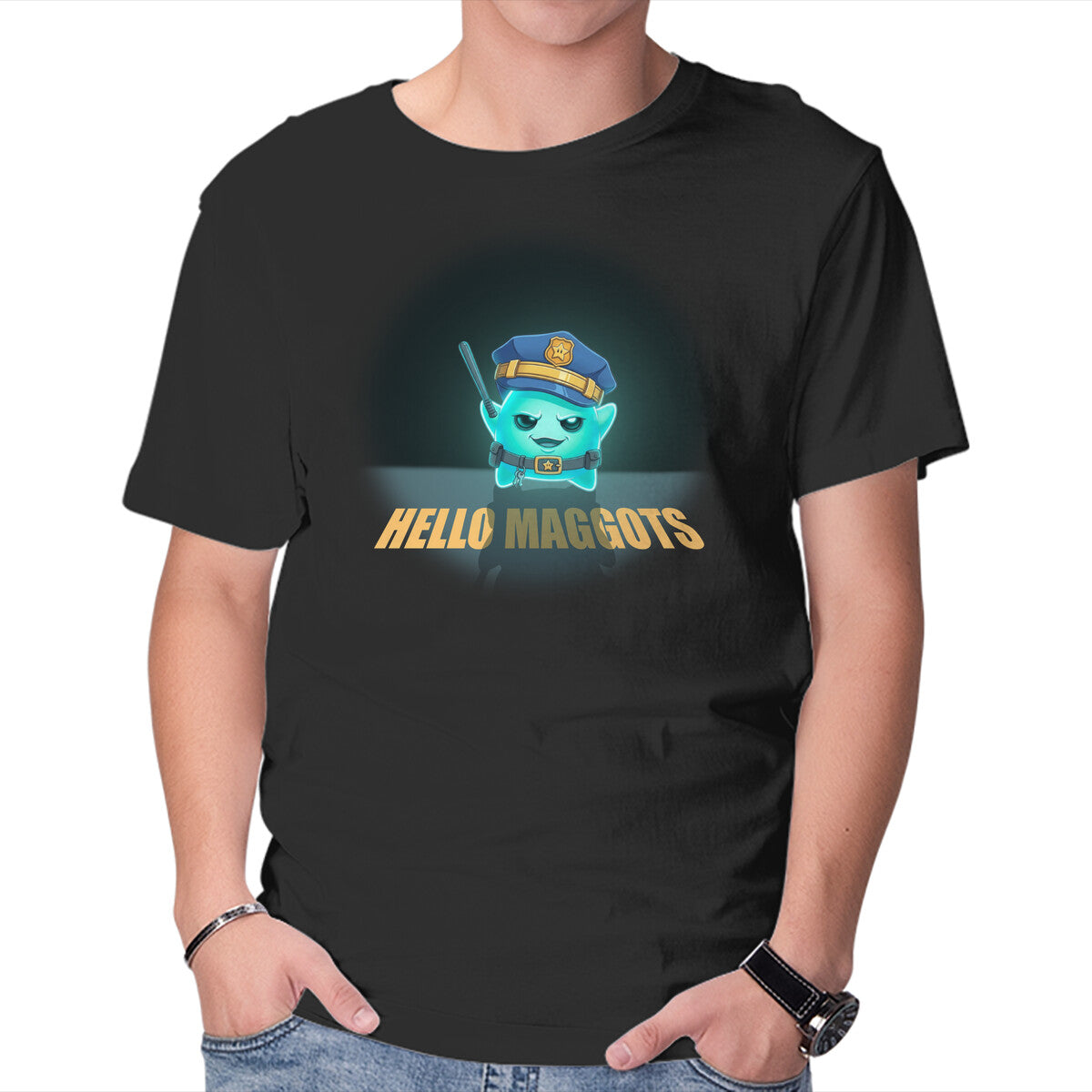 Unisex Crew Neck T-Shirt Hello Maggots Graphic Short Sleeve Casual Tee M