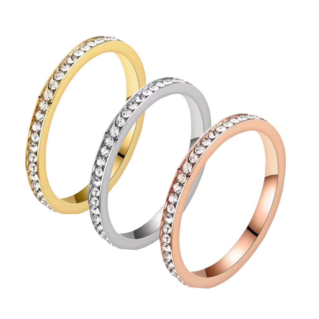 Women's Stainless Steel 2mm Wide Diamond Ring - Simple, Durable, Fade-Resistant Cold Titanium Steel Design.