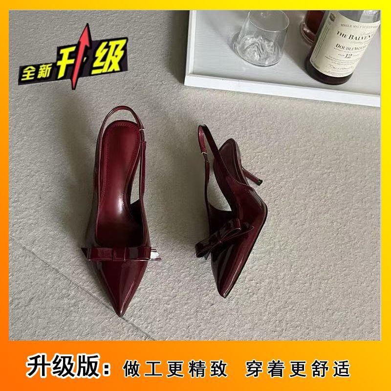 Temperament high heels celebrity fashion empty single shoes women's pointed head bow bag head sandals 2025 spring and autumn new