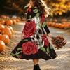 Halloween Women's Skeleton Print Midi Dress A Line Dress Vacation Casual Daily Regular Fit  Long Sleeve V Neck Black  Spring Fall