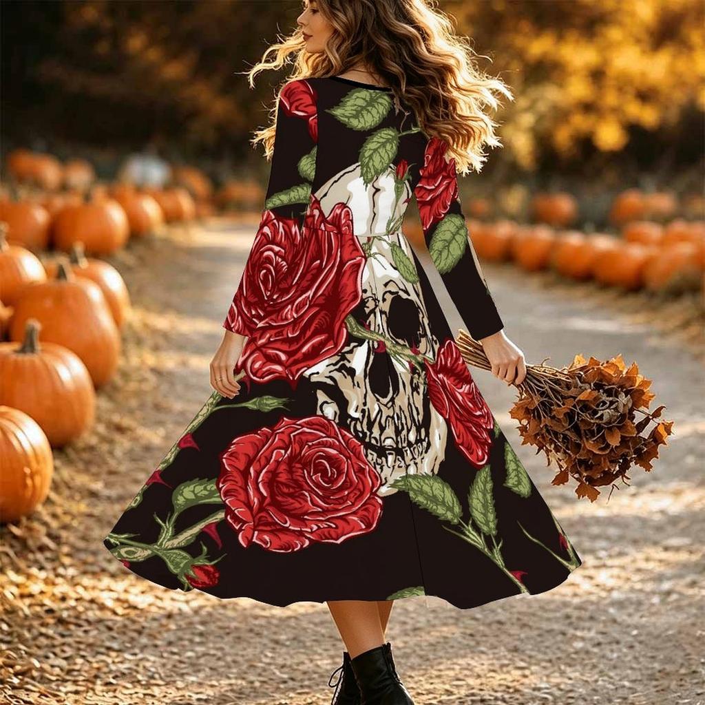 Halloween Women's Skeleton Print Midi Dress A Line Dress Vacation Casual Daily Regular Fit Long Sleeve V Neck Black Spring Fall