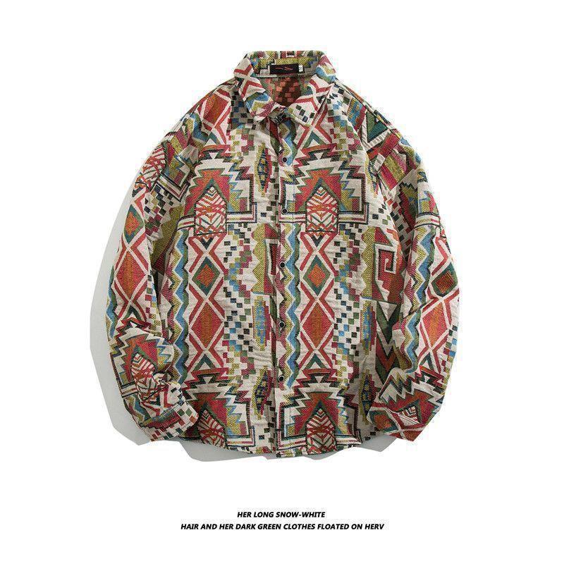 Men's Cuban Vintage Retro Long Sleeve Shirt Japanese Ethnic Style Autumn Winter Casual Button Down